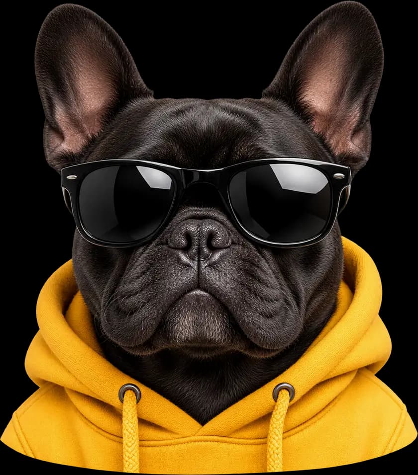 Französische Bulldogge mit Sonnenbrille und gelbem Kapuzenpulli