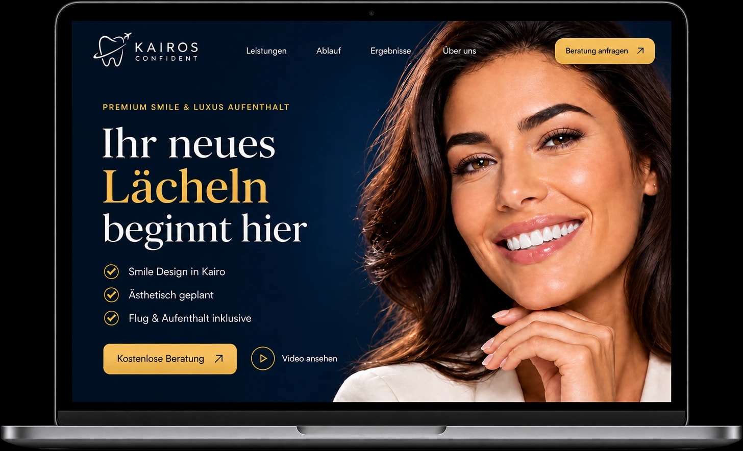 Landingpage von Kairos Confi Dent auf einem Laptop: „Ihr neues Lächeln beginnt hier“, darunter Smile Design in Kairo, ästhetisch geplant, Flug und Aufenthalt inklusive