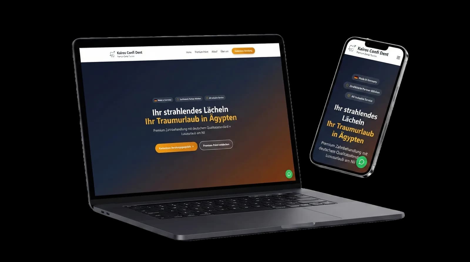 Landingpage von Kairos Confi Dent auf Laptop und Smartphone: „Ihr strahlendes Lächeln — Ihr Traumurlaub in Ägypten“ mit Beratungs-CTA